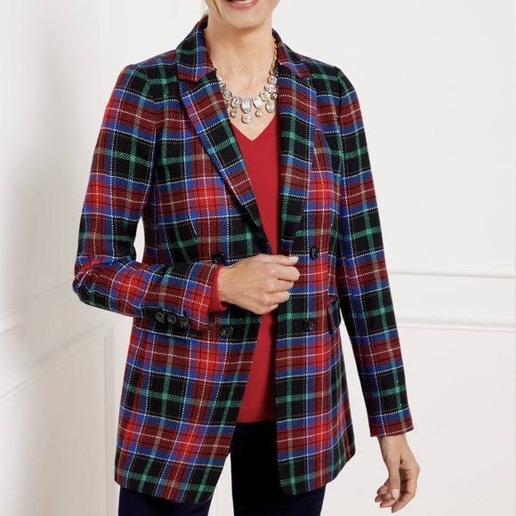 Talbots Jackets & Blazers - Talbots Open Front Blazer Log Fire Plaid Sz 16 Tartan Wool Blend Academia Office
